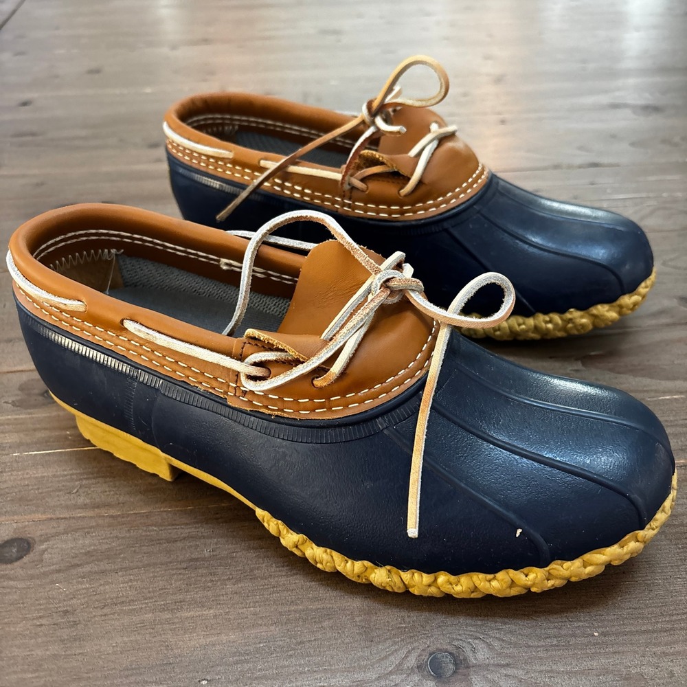 LL Bean Duck Boots 10 Wide 10D UK 8 Rubber Moc Slip On Shoes Navy Blue Brown